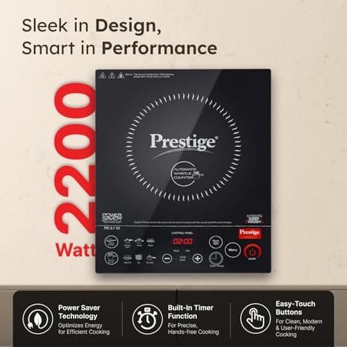 Prestige PIC 6.1 V3 2200 Watts Induction Cooktop | Patented Automatic Whistle Counter | 4KV Surge Protection | 7 Preset Indian Menu Options With Timer | Touch Button | Black | 1Y Warranty | BIS 4