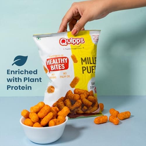 Quipps Millet Puff Tangy Tomato | Non-Fried Roasted Millet Snack | High Fiber & Plant Protein | Gluten Free, Vegan, Non-GMO | No Preservatives, No Palm Oil | Light & Crunchy Healthy Snack for Office & 4