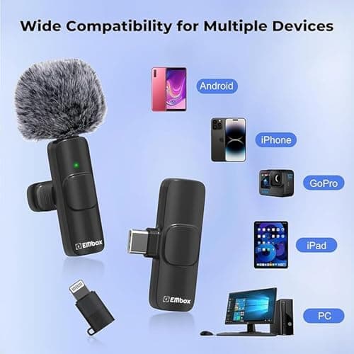 EMBOX Mic Wireless with Type-C & Lightning, Wireless Dual Mic for YouTube Recording, 2.4GHz Wireless Microphone with Noise Cancellation, 20m Range, 6H Battery, Magnetic Clip (K9-B) 4
