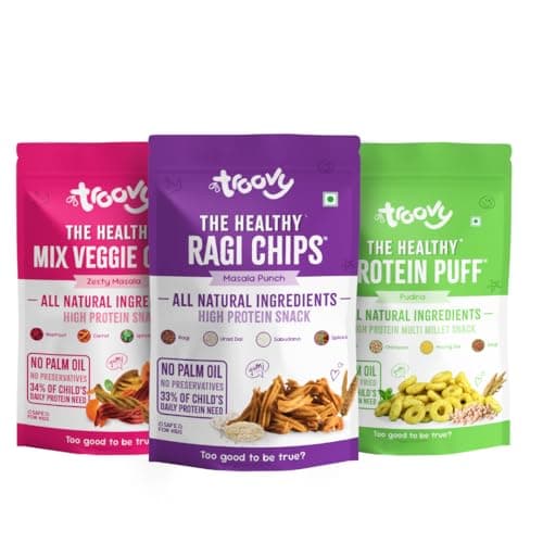 Troovy Healthy Chips & Puff Value pack | Tasty & High Protein Snacks | 30% Of Protein Needs | No Palm Oil, Cholesterol or Trans Fats | No Junk & Chemicals | Mix Vegetable chips (Zesty Masala , 70gm x 