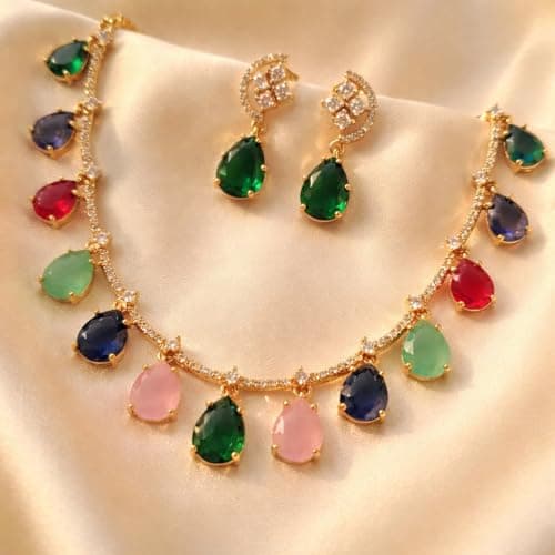Dvina Glow Multicolor Teardrop Necklace Set for Women | Gold Plated American Diamond Jewelry Set with Earrings | Bridal Wedding & Occasion Wear Jewellery | Festive Traditional Designer Necklace 2