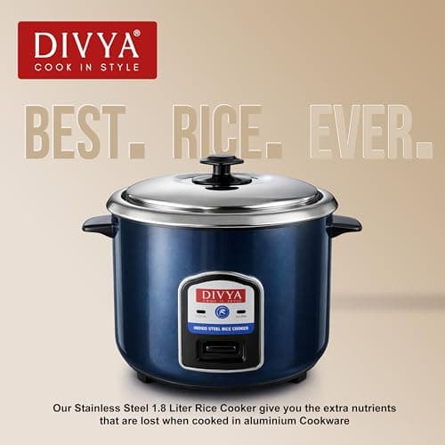 DIVYA Stainless Steel 1.8 L Electric Rice Cooker for Home | Indigo Steel Body | 700 W Efficient Heating | Cook & Keep Warm Function | Detachable Power Cord | Family Size Rice Cooker 2