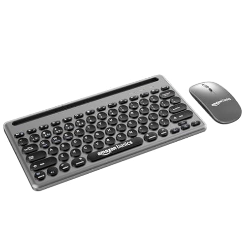 Amazon Basics Wireless Keyboard and Mouse Set with Bluetooth multiconnect, 2.4GHz Receiver,1600 DPI, Smartphone/Tablet Holder, Built in Rechargeable Battery 3