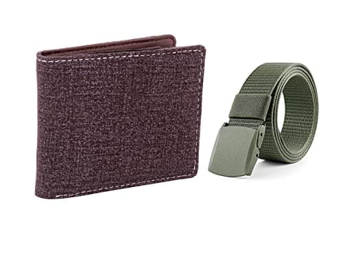 Mundkar Nylon Belt & Denim wallet combo Gift Set. (Brown wallet - Green Belt)