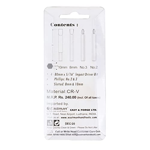 Eastman Impact Driver Bit Set Of 4Pcs, 80Mm, Chrome Vanadium 5/16" Hex Bit In Sand Finish Long Type - EID-5002, Carbon Steel 5