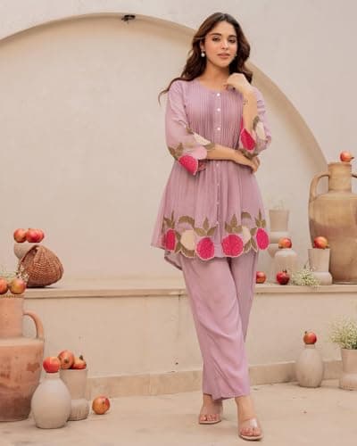 DEKWIN Womens Co-ords Set Premium Mul chanderi | Co-ord Set for Women Stylish | Casual Top with pent Set (Women, Pink, XL) 2