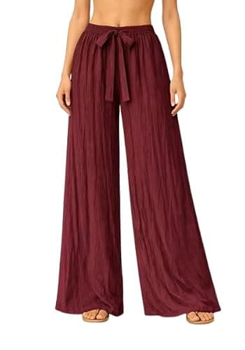 Women’s Palazzo Pants – Fit Elastic Waist Drawstring Trousers with Belt | Free Size Casual Lounge Wear | High Waist Flowy Wide Leg Palazzo, Office & Travel. (in, Alpha, 3XL, Plus, Wine)