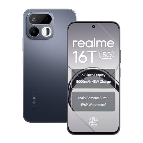 realme 16T 5G Smartphone 8000mAh Batterya 45W Fast Charge, 6.8 inch 144Hz Display, 8GB RAM 128GB ROM, 50mp AI Rear Camera, MediaTek Dimensity 6300 Chipset, Android 16, IP69 Pro Starlight Black