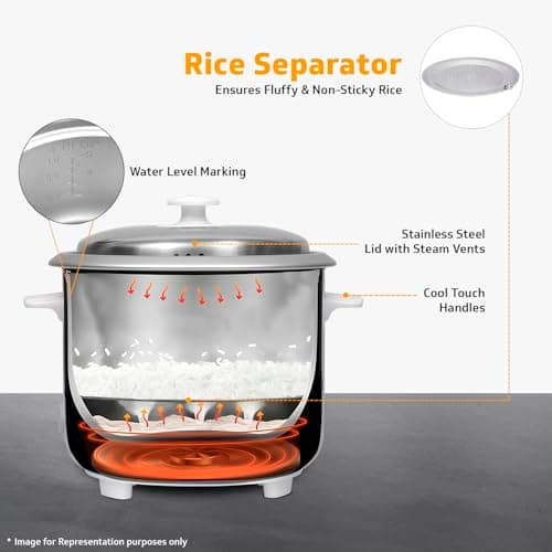 V-Guard VRC 1.0 C 1-Litre Electric Rice Cooker Small with 400 W Power (New Launch) | 2 Pots, Spatula, Rice Separator | 2-Year Product & 5-Year Heating Plate Coverage by V-Guard 5
