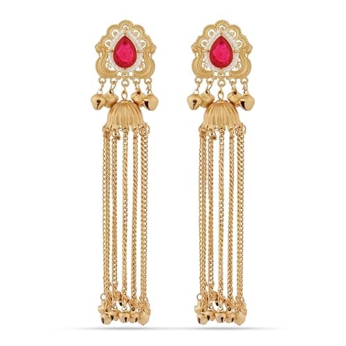 Traditional Gold-Plated Jhumka Tassel Earrings with Red Kundan Stone, Pearl Border & Multi-Chain Drop — Ethnic Indian Festive Jewelry for Women