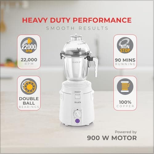 Sujata Dynamix 900 Watts Mixer Grinder | 22000 Rotations Per Min | 90 Minutes Continuous Running | 3 Versatile Jars 1500 ml, 1000 ml and 500 ml (White) 3