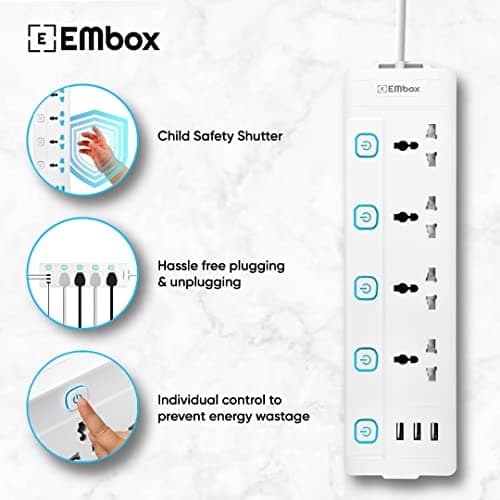 EMBOX Extension Board with USB (2.4 A)| Extension Board with Switches Spike Guard | 6 amp Universal Sockets, LED Indicator 2500W, 2 Meter Extension Cord 4