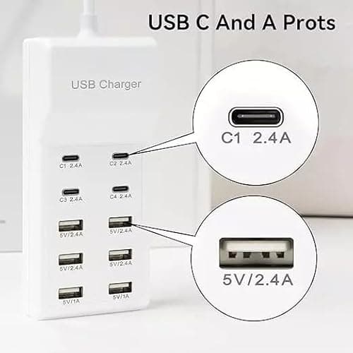 SANCY USB Charger USB C Charging Station 10 Ports Multiple USB Charger Station (4 USB C Port) Power Hub Strip Smart Plug USBC Charging Station for Phones Tablet Smartwatch Headphones Speakers 3