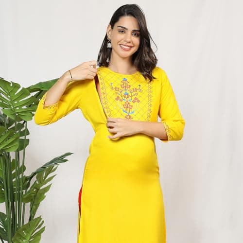 MomToBe Wome's Rayon A-line Maternity Kurti/Pregnancy Dress/Easy Breastfeeding Kurta with Zippers/Maternity Dress with Zippers for Nursing Pre and Post Pregnancy (Sunflower Yellow ; 2XL) 5