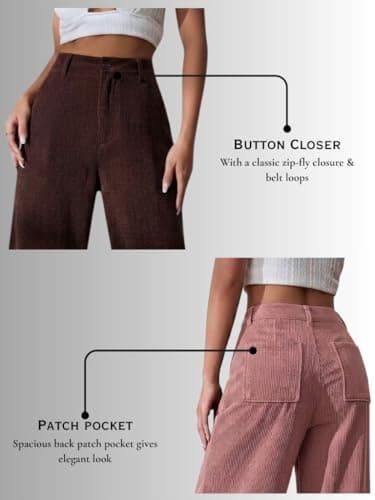 SMOWKLY Women's Corduroy Mid Rise Wide Leg Sweatpant with Pocket || Loose & Relaxed Fit Casual Korean Baggy Trousers for Woman Elegant Workwear for Office, College & Events(1678_PCH_XL/1678_BRN_XL) 4