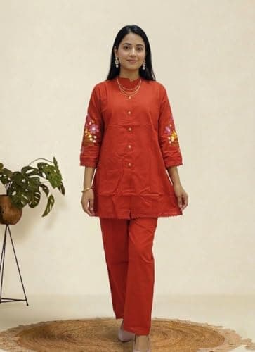 Aryans Design Den ADD Women’s Front Solid Back Side Print Pure Cotton Co-Ord Set | Stylish Embroidered Button-Down Kurta with Straight Pants | Soft Breathable Ethnic Co-Ord Set (Orange, M) 5