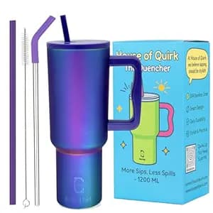 House of Quirk 1200ML Stainless Steel Tumbler with Handle & Lid, 2 Straws – Large Travel Mug Water Cup for Gym, Office & Outdoor Use (Aurora Prism)