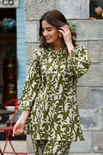 Aaryavar Women’s Cotton Co-Ord Set | Stylish 2-Piece Top & Pant Set | Casual & Comfortable Wear (Olive Green, L) 5