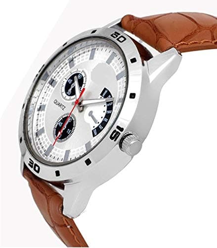 Acnos® Premium Brown Leather Belt Chonograph Good Looking White Dial Analog Watch For Men Pack Of - 1 2