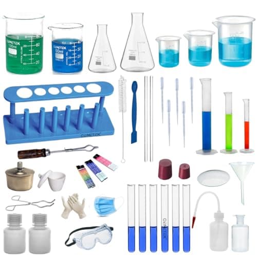 COMETEK Chemistry Lab 44 Items Kit – Borosilicate Glass & Plastic Beakers, Conical Flasks, Measuring Cylinders, Test Tubes & More – Equipment-only | No Chemicals Included | Suitable for Practicals