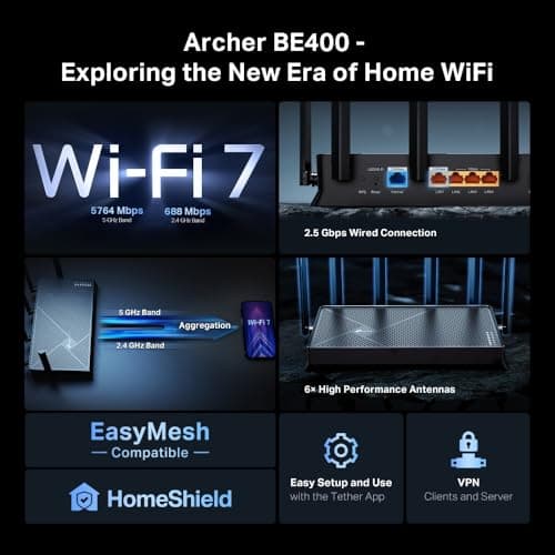 TP-Link Archer BE400 Dual-Band BE6500 WiFi 7 Router | 4K/8K Streaming 6.5 Gbps | 1× 2.5 Gbps WAN/LAN + 3× 1 Gbps LAN Ports + 1× USB 3.0 | 6 Antennas | Compatible with Alexa and Google Assistant 5