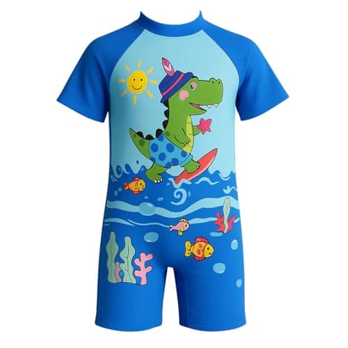 DRAUSS Morex Kids One-Piece Printed Swimsuit | Poly Spandex Quick-Dry Swimwear with UV Protection & Zipper | Soft Stretchable Swimming Costume for Boys & Girls (6-7 Y_Blue)