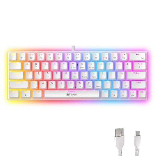 Ant Esports MK1200 Mini 60% Wired Mechanical Gaming Keyboard – Red Switch, Rainbow Backlit, 61 Keys, Anti-Ghosting, USB, Compact TKL – Compatible with Windows, macOS, PS5, Xbox, Laptop & PC (White)