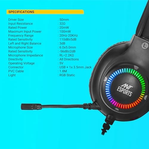 Ant Esports H580 Gaming Headset with Microphone for PS4 PC Xbox one PS5 Switch Laptop, Over Ear Headphones Wired with Noise Cancelling Mic, 3.5m Audio Jack, 50mm Stereo Drivers, Led Light – Black 5