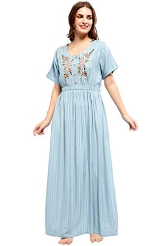 ZEYO Women's Rayon Light Blue Floral Embroidery Ghera Nightwear Set Night Gown 5683,Large