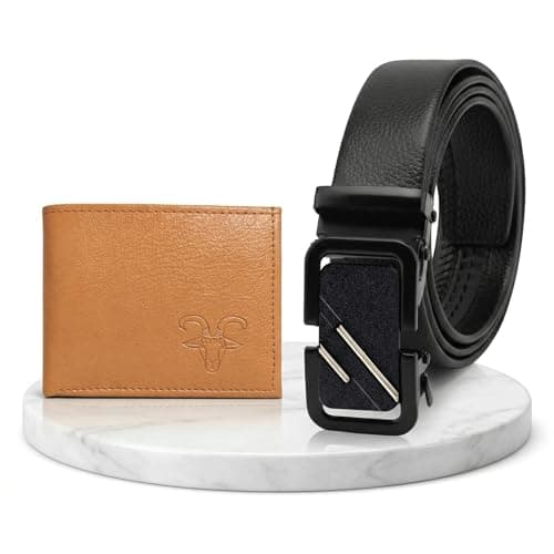 TPM Men Stylish Black Auto-Lock Artificial Leather Belt and Tan Wallet Combo