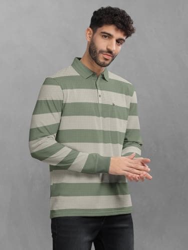BULLMER Striped Textured Printed Polo Neck Fullsleeve T-Shirt with Rib for Men_Sea Green_Medium 4