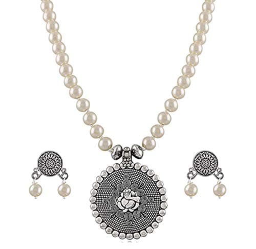 JFL - Jewellery for Less Bead Necklace Silver Plated Ganesha Pendant Set For Women,Valentine