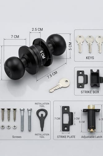 Heavy Duty Door Lock with 3 Keys | Black Cylindrical Lock/Tubular Door Knob/ 30mm to 50mm Door Thickness/Lock for Main Door, Bedroom & Office (Matt Black, with Key) 3