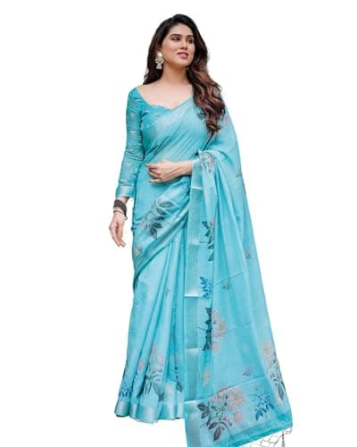 Kaugalian store Linen Cotton Floral Printed Light Blue Saree For Women With Unstitched Blouse Piece