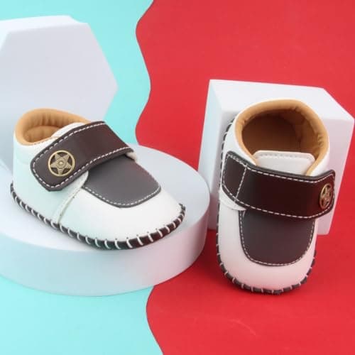 Neska Moda 6 To 12 Months Baby Boys & Girls Synthetic Leather Colorblock Hook & Loop Closure Booties (Dark Brown & White) - BT5009 4
