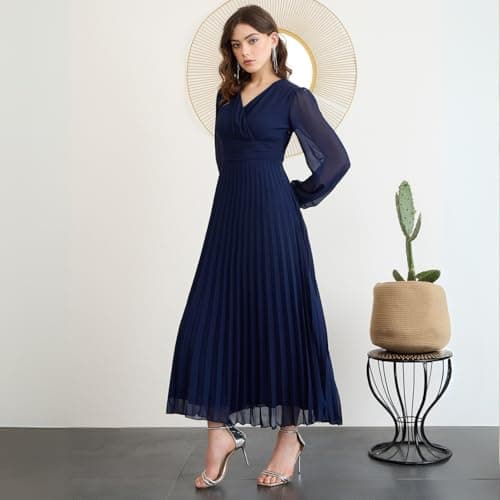 Berrylush Women Solid Navy Blue V-Neck Long Puff Sleeves Pleated Empire Maxi Dress 3