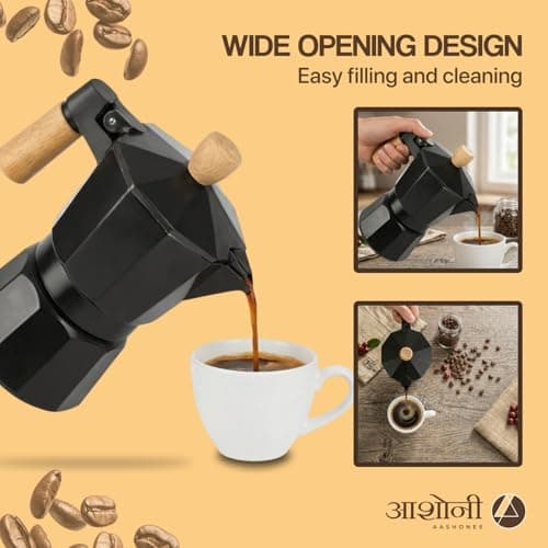 AAshonee Italian Coffee Maker | Espresso Moka Pot 3 Cup (150ml) | Black Aluminum Stovetop Espresso Maker | Real Wooden Handle 4