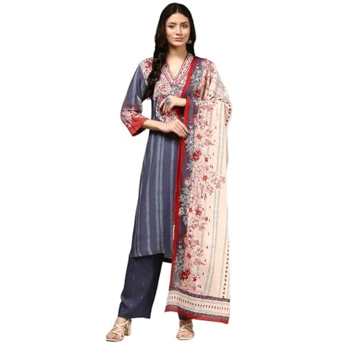 Biba Women's Blue Viscose Rayon Straight Printed Suit Set
