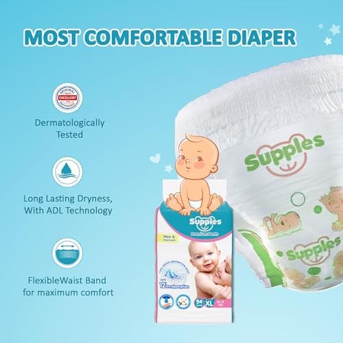 Amazon Brand - Supples Premium Baby Diaper Pants | 54 Baby Diapers | XL | 12-17 Kg | 12 Hrs Absorption | Cushiony Cotton Soft Fabric | Phthalates-Free | Triple Leak Guard 5