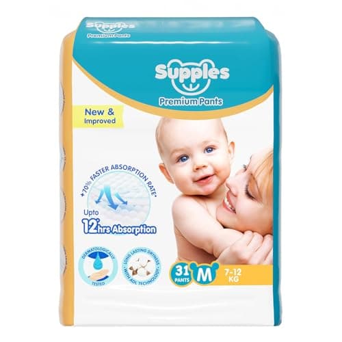 Amazon Brand - Supples Premium Diapers, Medium (M), 31 Count, 7-12 Kg, 12 hrs Absorption Baby Diaper Pants
