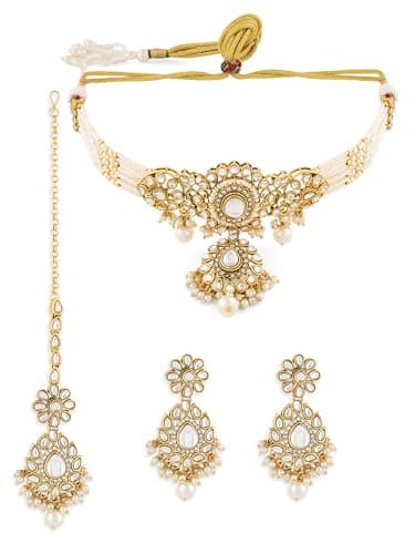 ZAVERI PEARLS Gold Tone Dazzling Kundan Multistrand Pearls Choker Necklace Earring & Maangtikka Set For Women-ZPFK19087