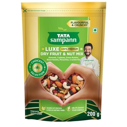 Tata Sampann Luxe Dry Fruit & Nut Mix, 200g, Source of Protein, Magnesium & Phosphorus, Rich in Dietary Fiber, Flavourful & Crunchy Snack, Almonds, Cashews, Green Raisins, Black Raisins, Pistachios, &