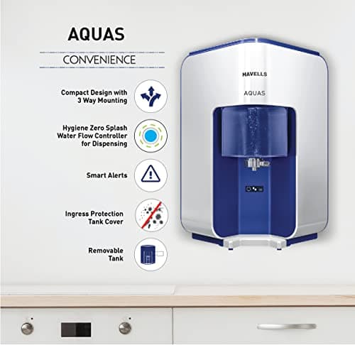 Havells AQUAS Water Purifier (White and Blue), RO+UF, Copper+Zinc+Minerals, 5 stage Purification, 7L Tank, Suitable for Borewell, Tanker & Municipal Water 4