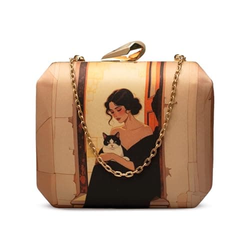 Artklim Colourful Lion Printed Clutch – Designer Party Clutch for Women | Statement Art Evening Bag with Gold Chain (Cream)