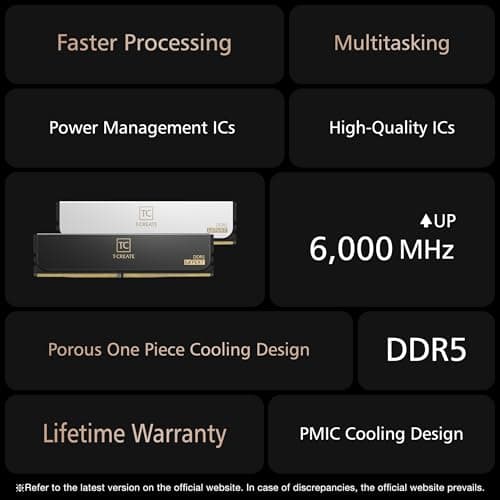 TeamGroup T-Create Expert 2x16GB 6000MHz (6000MT/s) CL30 White 32GB DDR5 RAM Kit, Desktop Memory, Metal Heatsink, 10Layer PCB For Overclocking, ECC, XMP 3.0/EXPO, For Intel/AMD CPU, Low Latency Module 2