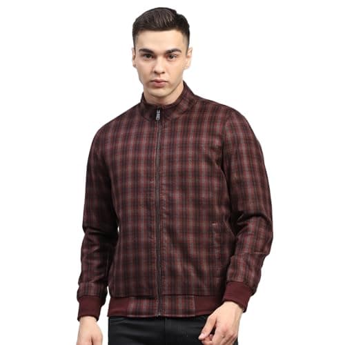 Monte Carlo Mens Checkered Maroon Mock Neck Full Sleeve Coat (223061900-1-40)