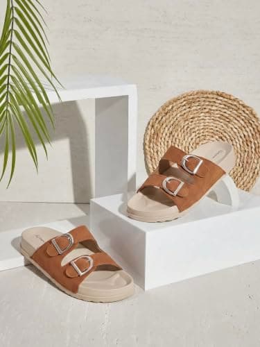 ReRoot Women's Double Strap Buckle Slider Sandals, Suede Upper & Lining, EVA Insole & Outsole, Adjustable Open Toe Slip-On Flat Slides Slippers for Ladies, Daily Wear Casual Comfort Footwear, Home Use 2
