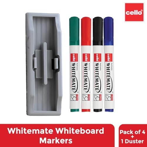 Cello Whitemate Whiteboard Markers | Set Of 4 Markers And 1 Duster | 4 Assorted Ink Colours | Bold Point Marker Pens With Easily Refillable And Erasable Ink | Writes Longer. 2
