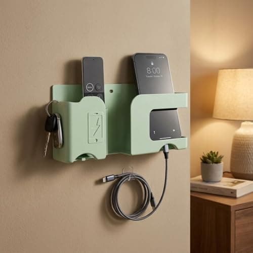 House Beauty Wall Mounted Mobile Charging Holder Stand | Plastic Phone Charging Dock Organizer with Cable Management | Multi Purpose Remote & Smartphone | Space Saving Wall Shelf (1, Green, Standard) 2