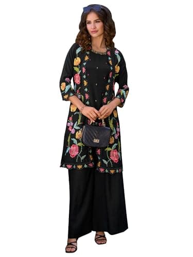 INDO ERA Women's A-Line Silk Blend Floral Embroidered Kurta with Shrug and Palazzo Set (Black_IEOUT10576_Small)